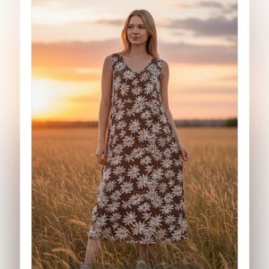 Vintage Panama Jack Brown White Floral Empire Baby Doll Sleeveless Midi Dress 14